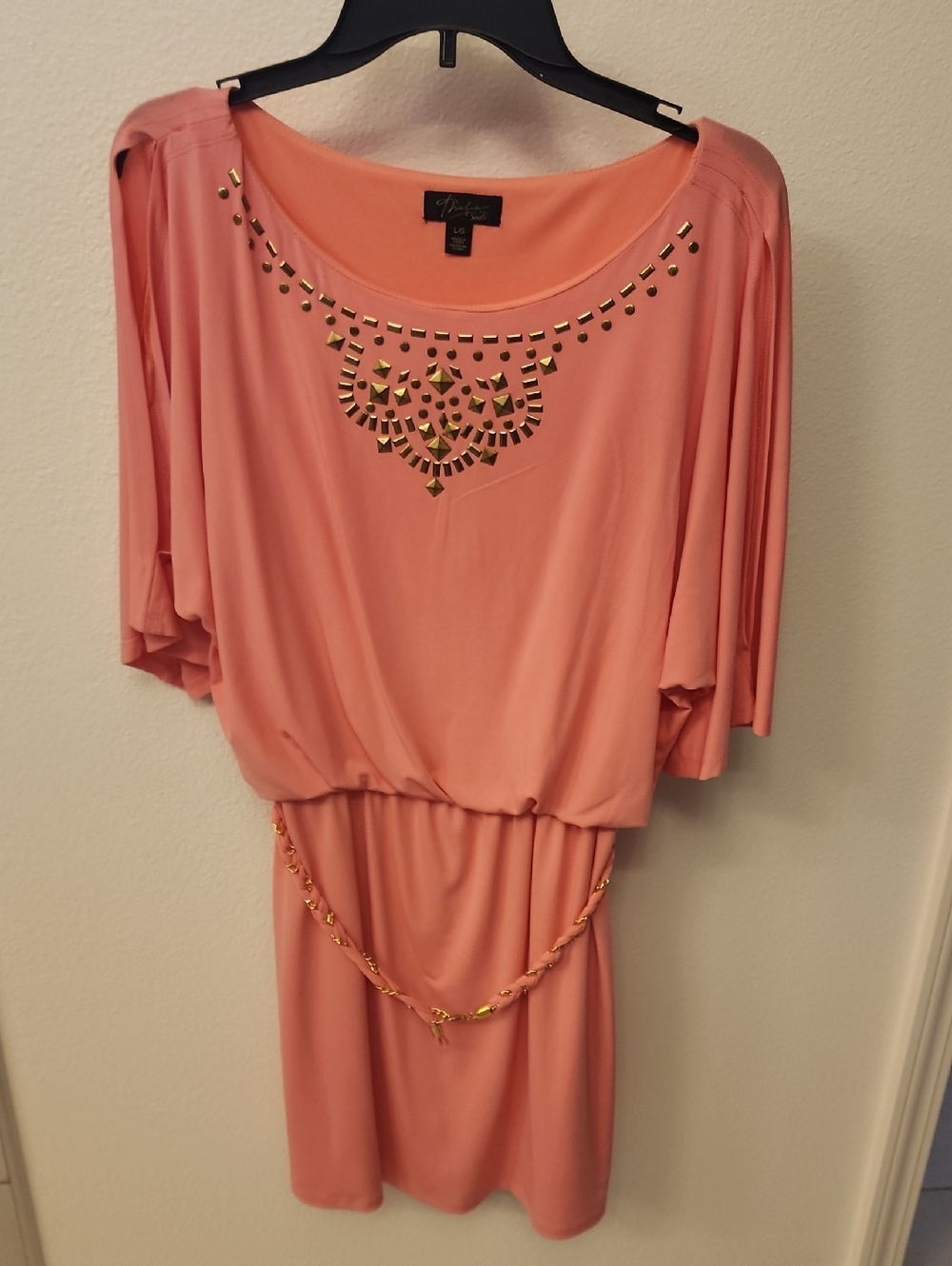 Thalia Sodi Coral Pink Mini Dress with Gold Accents